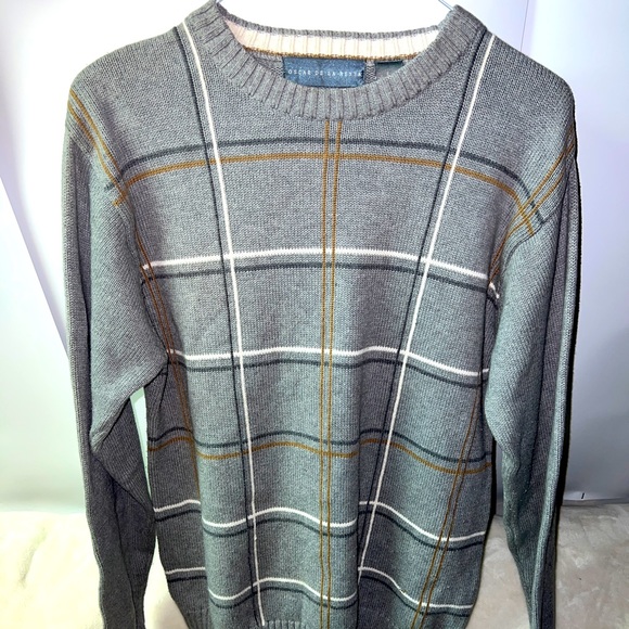 OSCAR DE LA RENTA designer Men’s Gray Striped Cotton Sweater size Large - Picture 1 of 4